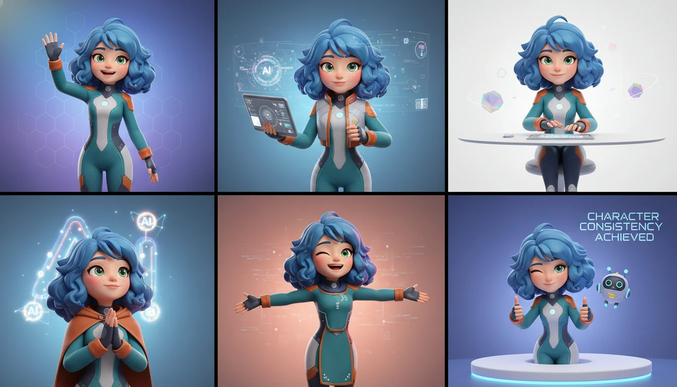 Character consistency tutorial showing same character in multiple poses with 95% accuracy