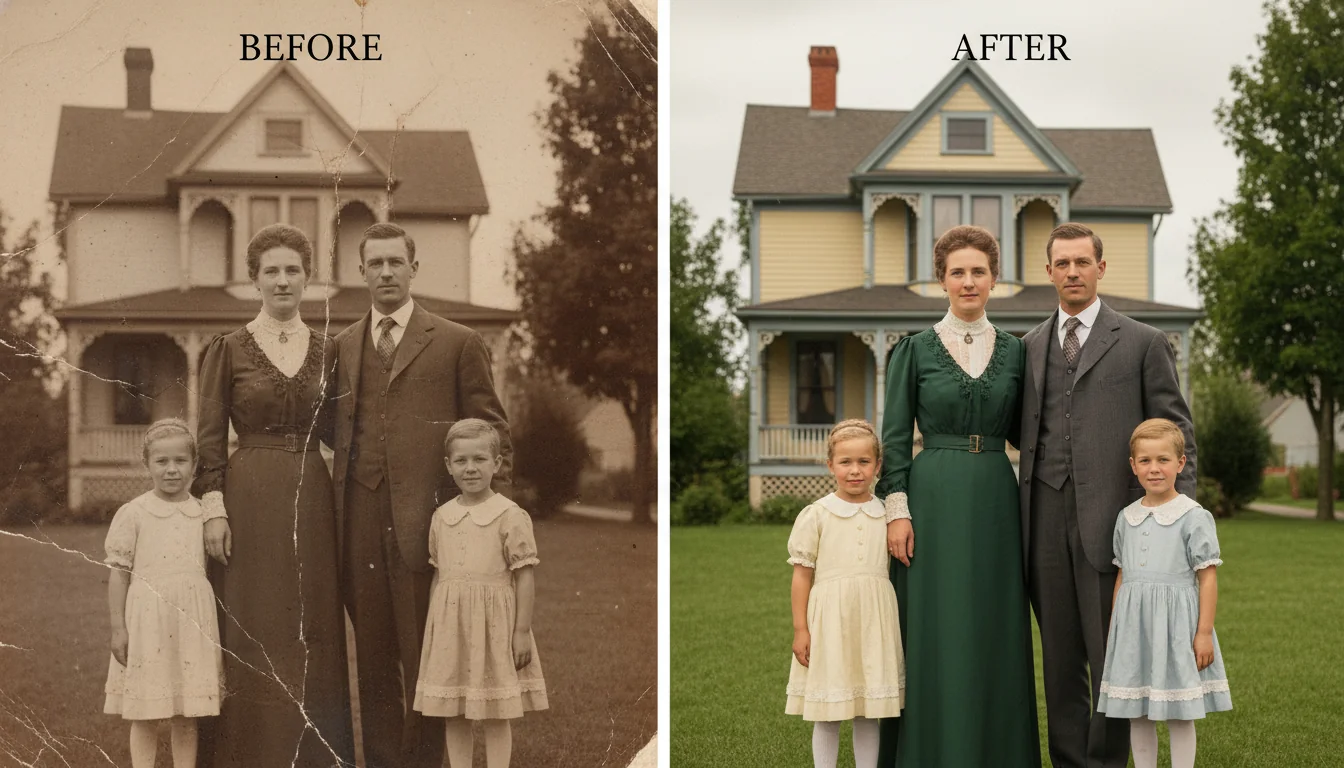 Before and after comparison: damaged vintage photo restored to crystal clear high-quality image